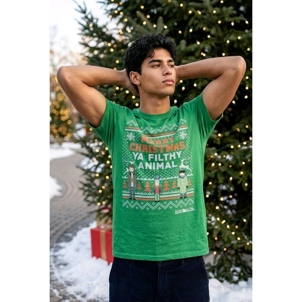 🔸️NWT Home Alone Green Merry Christmas Ya Filthy Animal Short Sleeve Shirt Men'